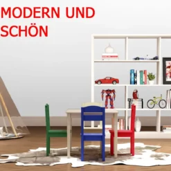 5 tlg. Kindersitzgruppe Kindertischgruppe Kindertisch mit 4 Stühlen Kiefer Farbig und Natur