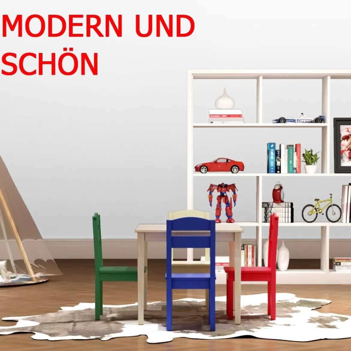 5 tlg. Kindersitzgruppe Kindertischgruppe Kindertisch mit 4 Stühlen Kiefer Farbig und Natur