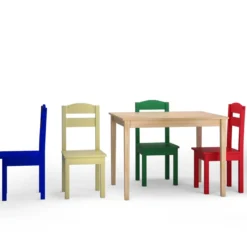 5 tlg. Kindersitzgruppe Kindertischgruppe Kindertisch mit 4 Stühlen Kiefer Farbig und Natur