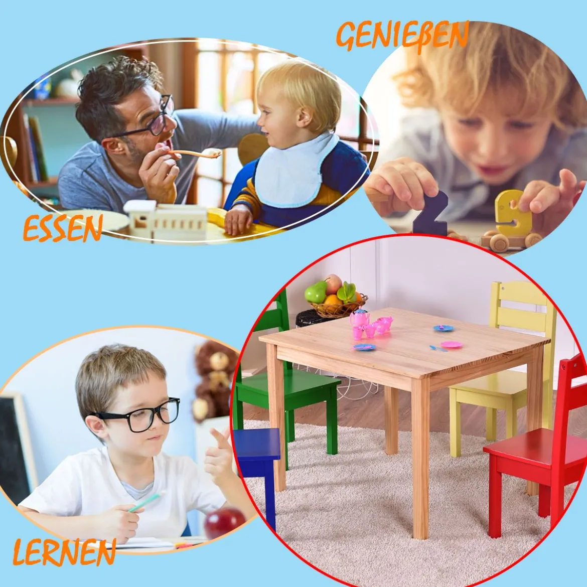 5 tlg. Kindersitzgruppe Kindertischgruppe Kindertisch mit 4 Stühlen Kiefer Farbig und Natur