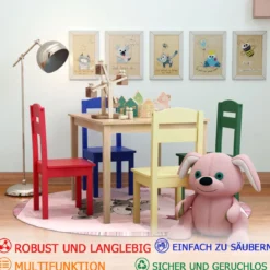 5 tlg. Kindersitzgruppe Kindertischgruppe Kindertisch mit 4 Stühlen Kiefer Farbig und Natur