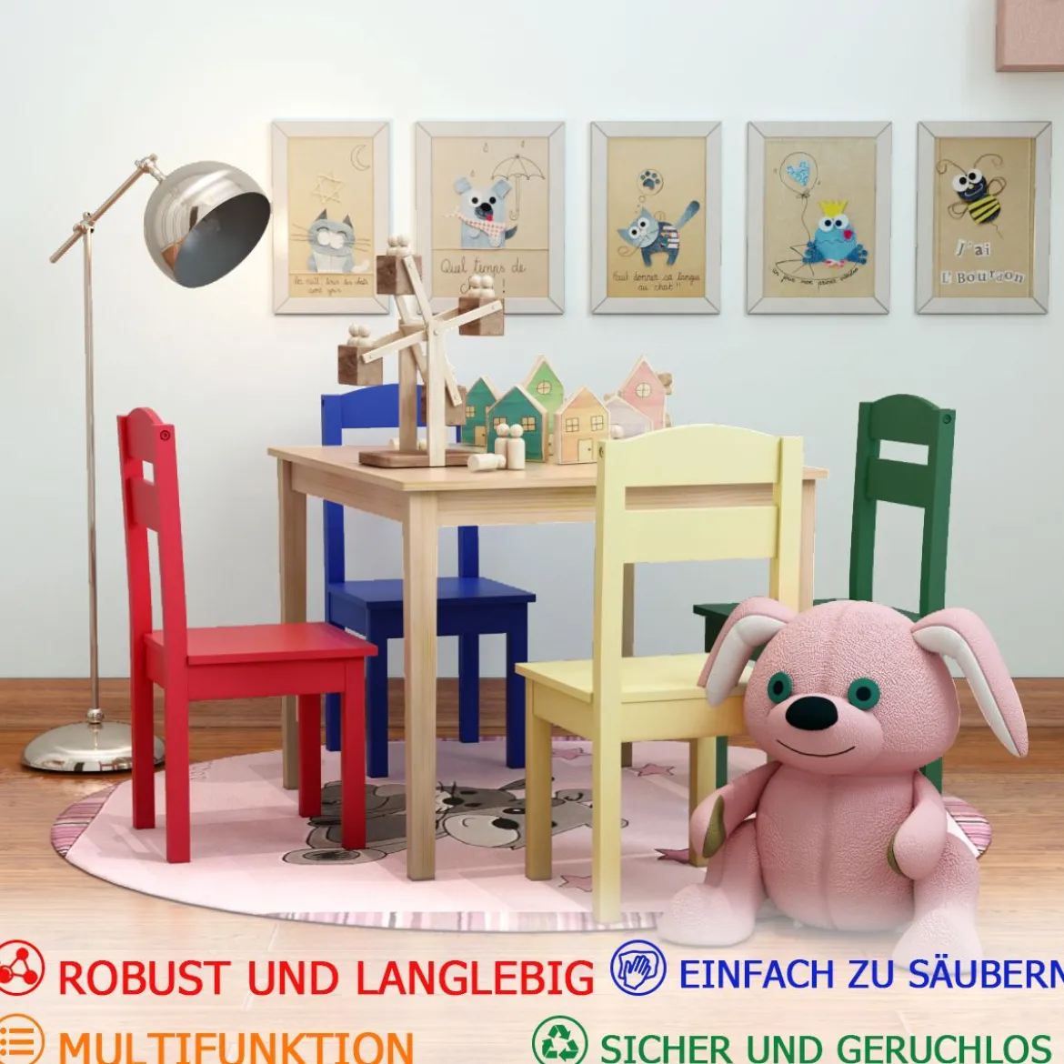 5 tlg. Kindersitzgruppe Kindertischgruppe Kindertisch mit 4 Stühlen Kiefer Farbig und Natur