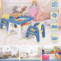 3 tlg. Kindersitzgruppe mit Dinosaurierdesign Kindertisch mit 2 Stühle inkl. Bauklötze