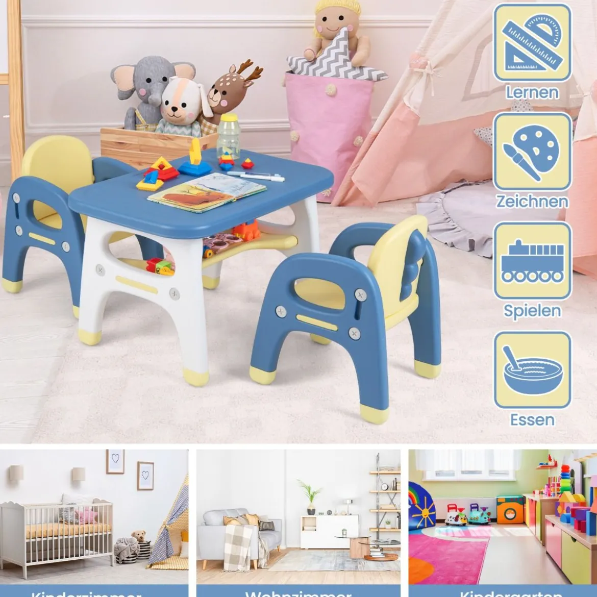 3 tlg. Kindersitzgruppe mit Dinosaurierdesign Kindertisch mit 2 Stühle inkl. Bauklötze