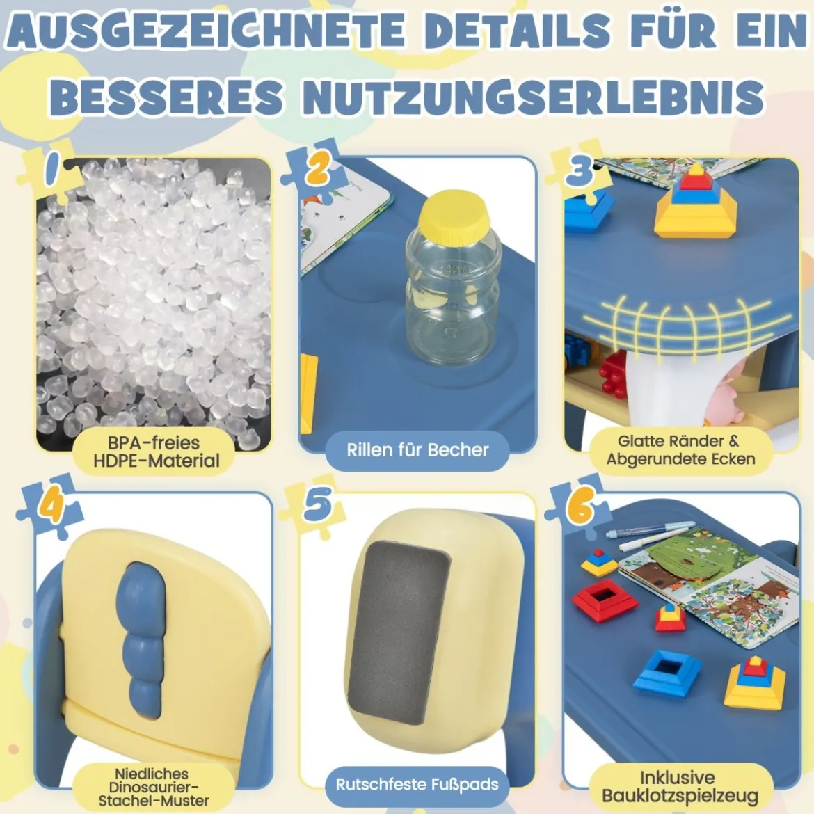 3 tlg. Kindersitzgruppe mit Dinosaurierdesign Kindertisch mit 2 Stühle inkl. Bauklötze