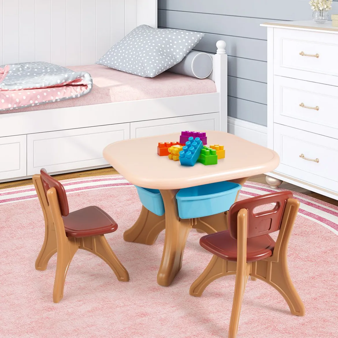 3tlg. Kindersitzgruppe Sitzgruppe Kindertisch&2 Kinderstühlen Aufbewahrungsboxen Braun