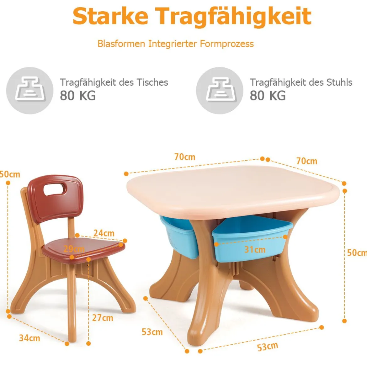 3tlg. Kindersitzgruppe Sitzgruppe Kindertisch&2 Kinderstühlen Aufbewahrungsboxen Braun