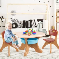 3tlg. Kindersitzgruppe Sitzgruppe Kindertisch&2 Kinderstühlen Aufbewahrungsboxen Braun