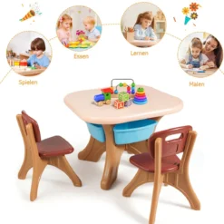 3tlg. Kindersitzgruppe Sitzgruppe Kindertisch&2 Kinderstühlen Aufbewahrungsboxen Braun