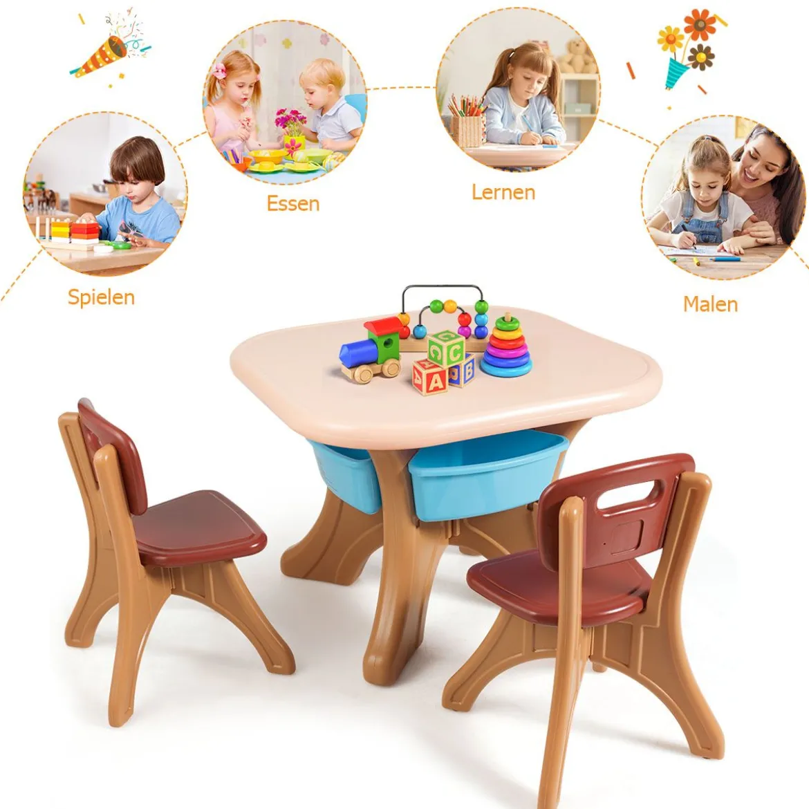 3tlg. Kindersitzgruppe Sitzgruppe Kindertisch&2 Kinderstühlen Aufbewahrungsboxen Braun
