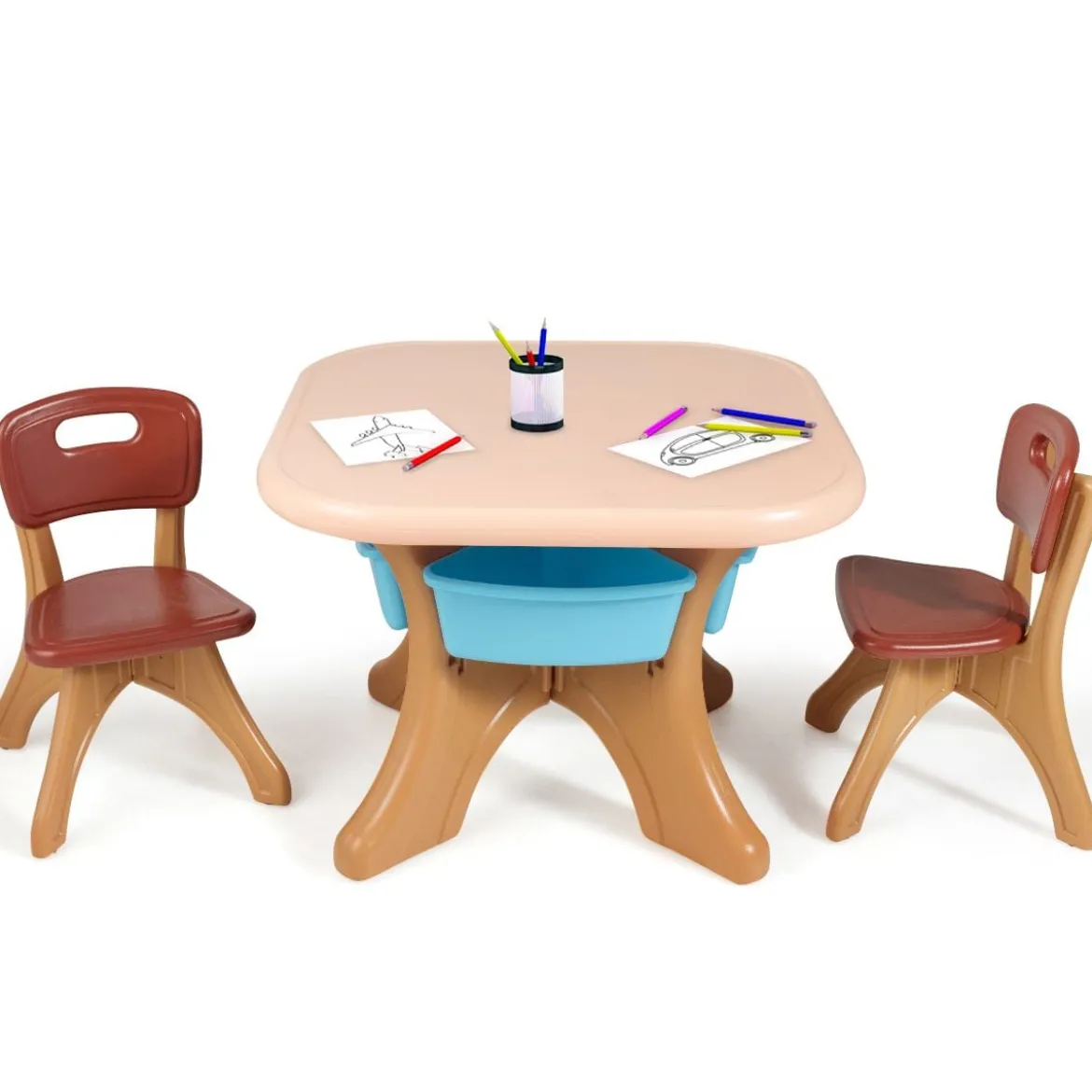 3tlg. Kindersitzgruppe Sitzgruppe Kindertisch&2 Kinderstühlen Aufbewahrungsboxen Braun