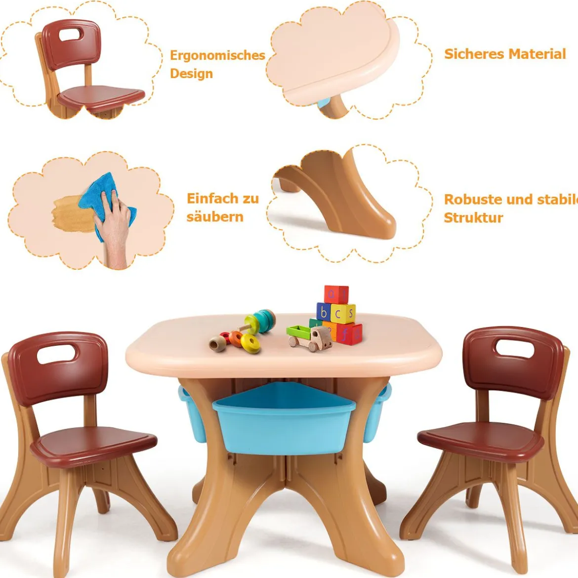 3tlg. Kindersitzgruppe Sitzgruppe Kindertisch&2 Kinderstühlen Aufbewahrungsboxen Braun