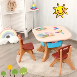 3tlg. Kindersitzgruppe Sitzgruppe Kindertisch&2 Kinderstühlen Aufbewahrungsboxen Braun