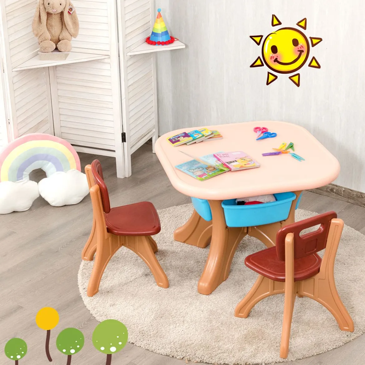 3tlg. Kindersitzgruppe Sitzgruppe Kindertisch&2 Kinderstühlen Aufbewahrungsboxen Braun