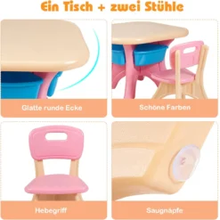 3tlg. Kindersitzgruppe Sitzgruppe Kindertisch&2 Kinderstühlen Aufbewahrungsboxen Rosa