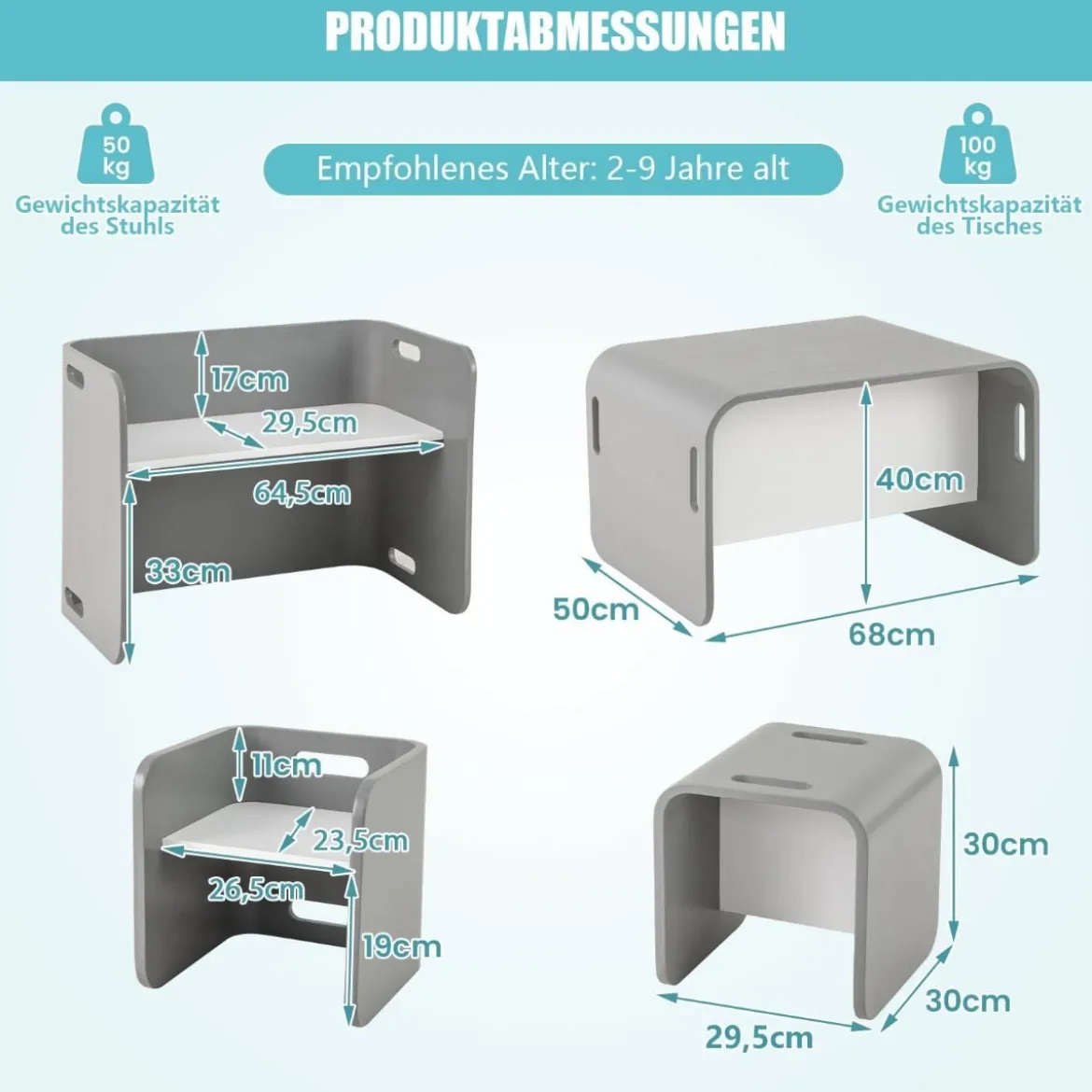3 tlg. Kindertisch Stühle Set Kindersitzgrupppe Holz Kindermöbel Lerntisch Natur/Grau