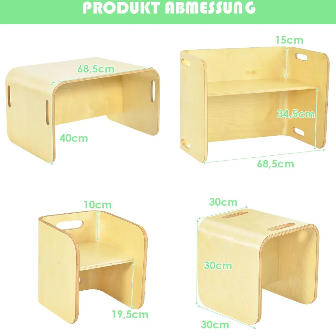 3 tlg. Kindertisch Stühle Set Kindersitzgrupppe Holz Kindermöbel Lerntisch Natur/Grau