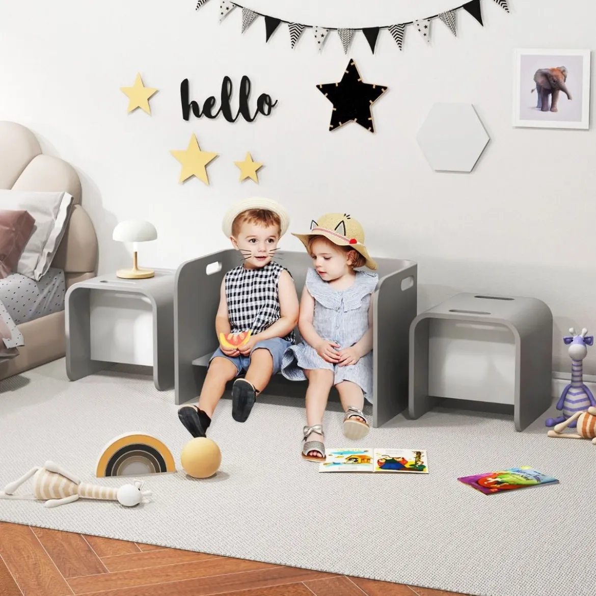 3 tlg. Kindertisch Stühle Set Kindersitzgrupppe Holz Kindermöbel Lerntisch Natur/Grau