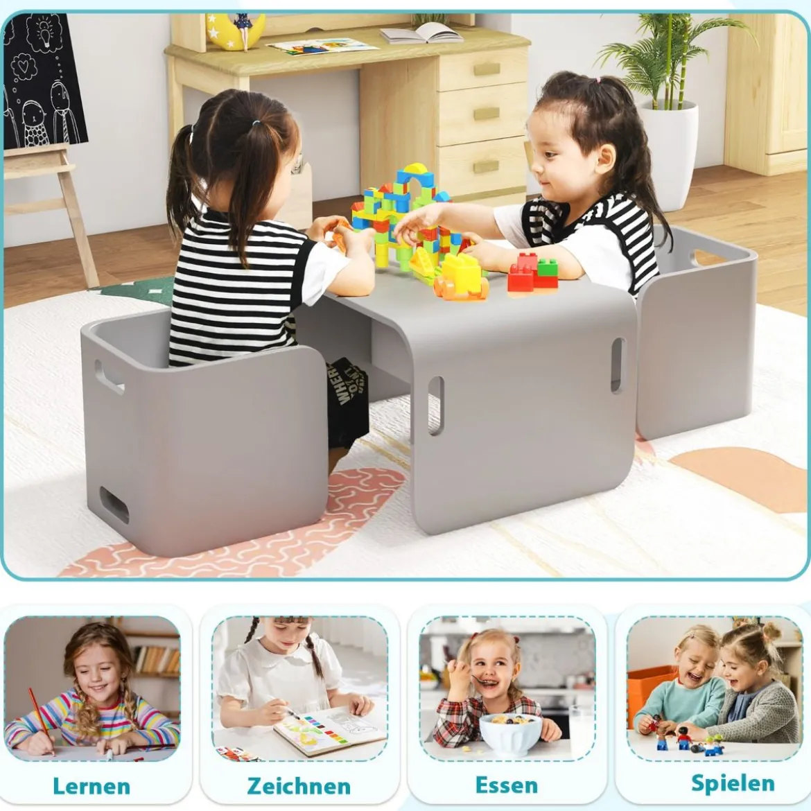 3 tlg. Kindertisch Stühle Set Kindersitzgrupppe Holz Kindermöbel Lerntisch Natur/Grau