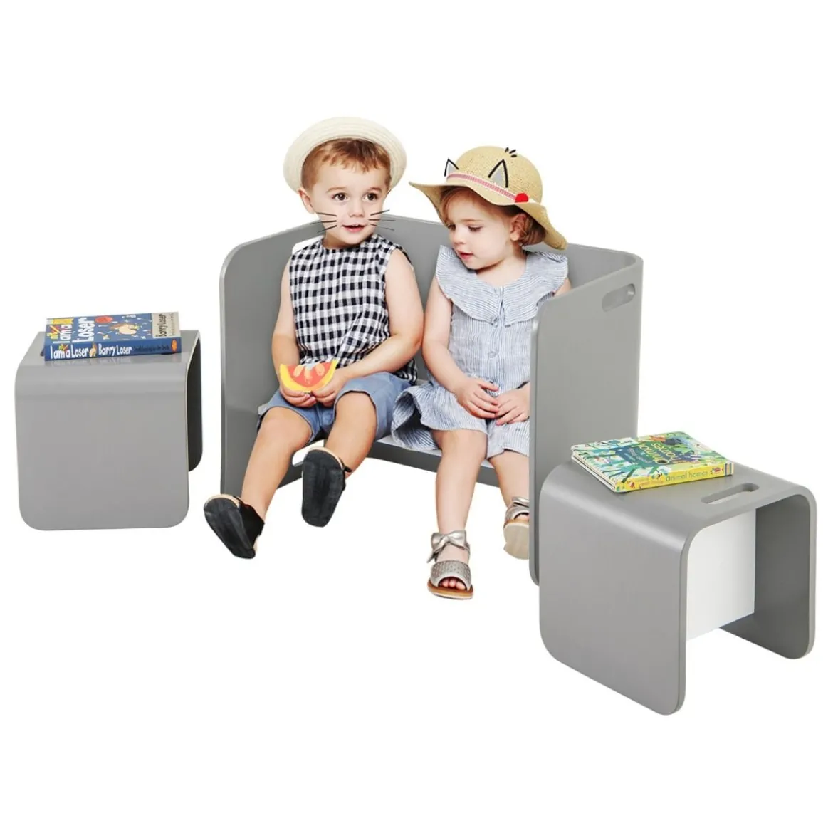 3 tlg. Kindertisch Stühle Set Kindersitzgrupppe Holz Kindermöbel Lerntisch Natur/Grau