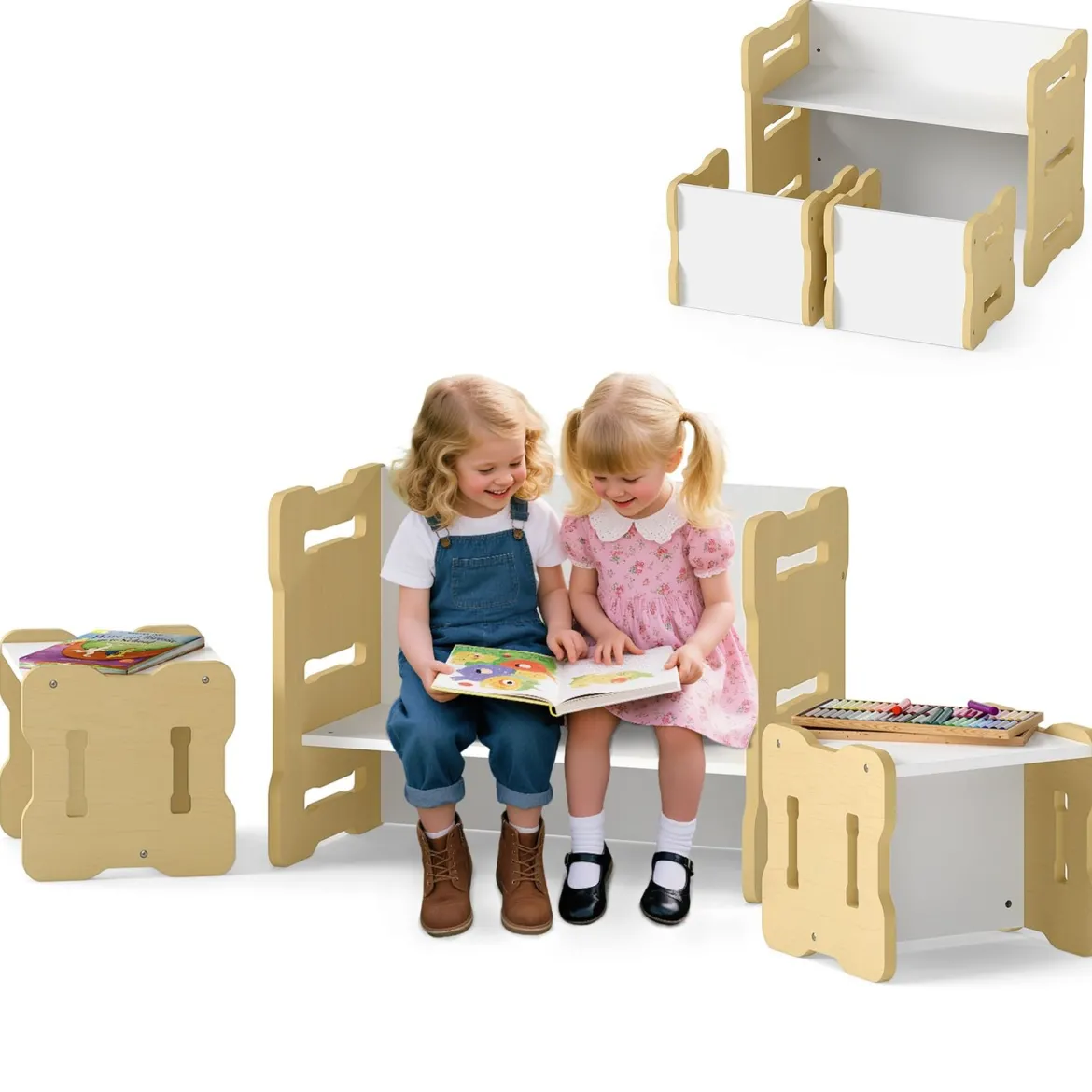 3 TLG. Kinder Tisch- & Stuhlset mit 2 Hockern & Aktivitätentisch Abgerundete Ecken Design Natur