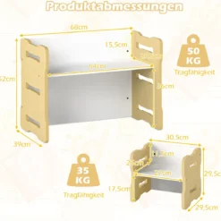 3 TLG. Kinder Tisch- & Stuhlset mit 2 Hockern & Aktivitätentisch Abgerundete Ecken Design Natur