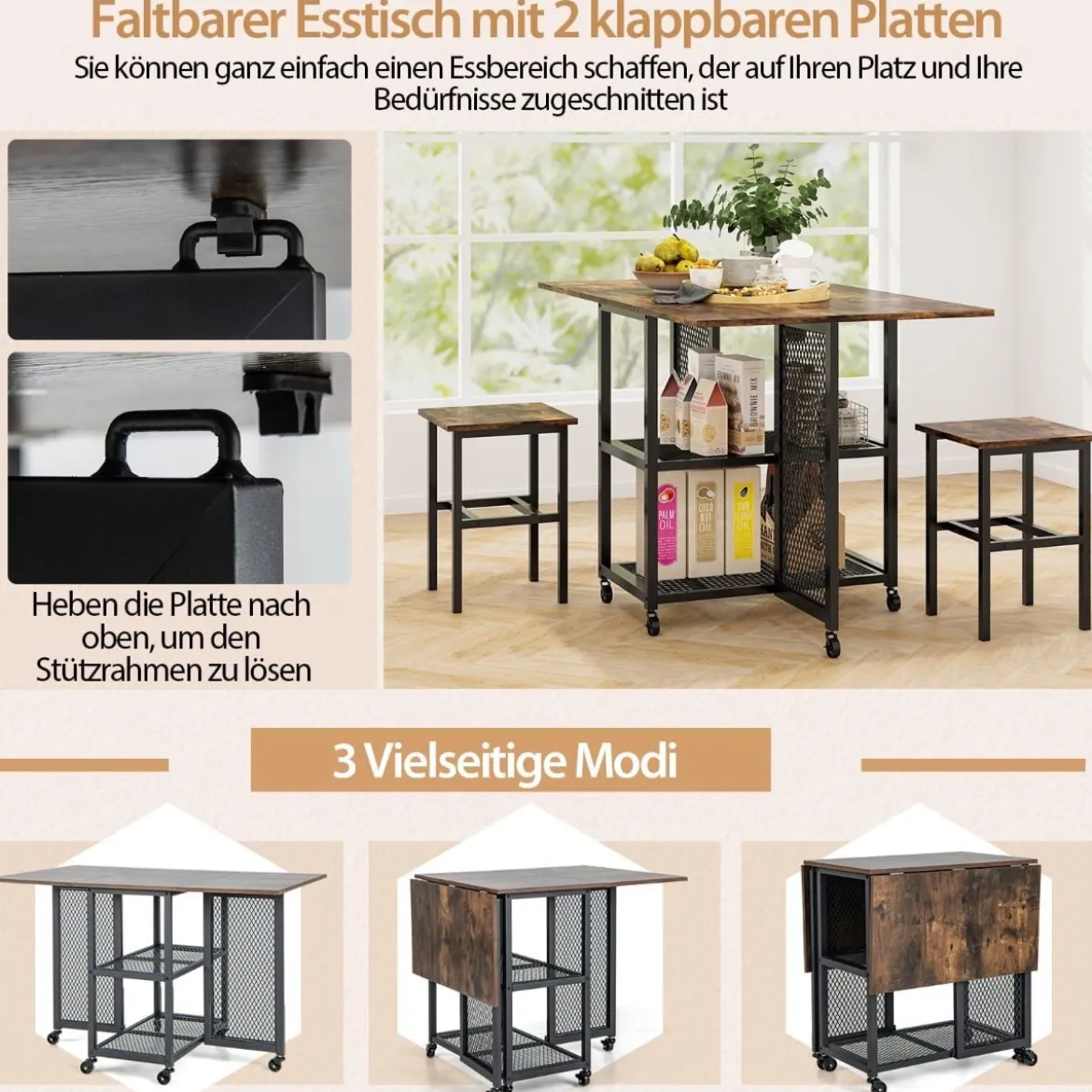 3tlg. Klappbares Esstisch-Set Ausziehbarer Esstisch mit 2 Hockern & 2 Netz Aufbewahrungsregale