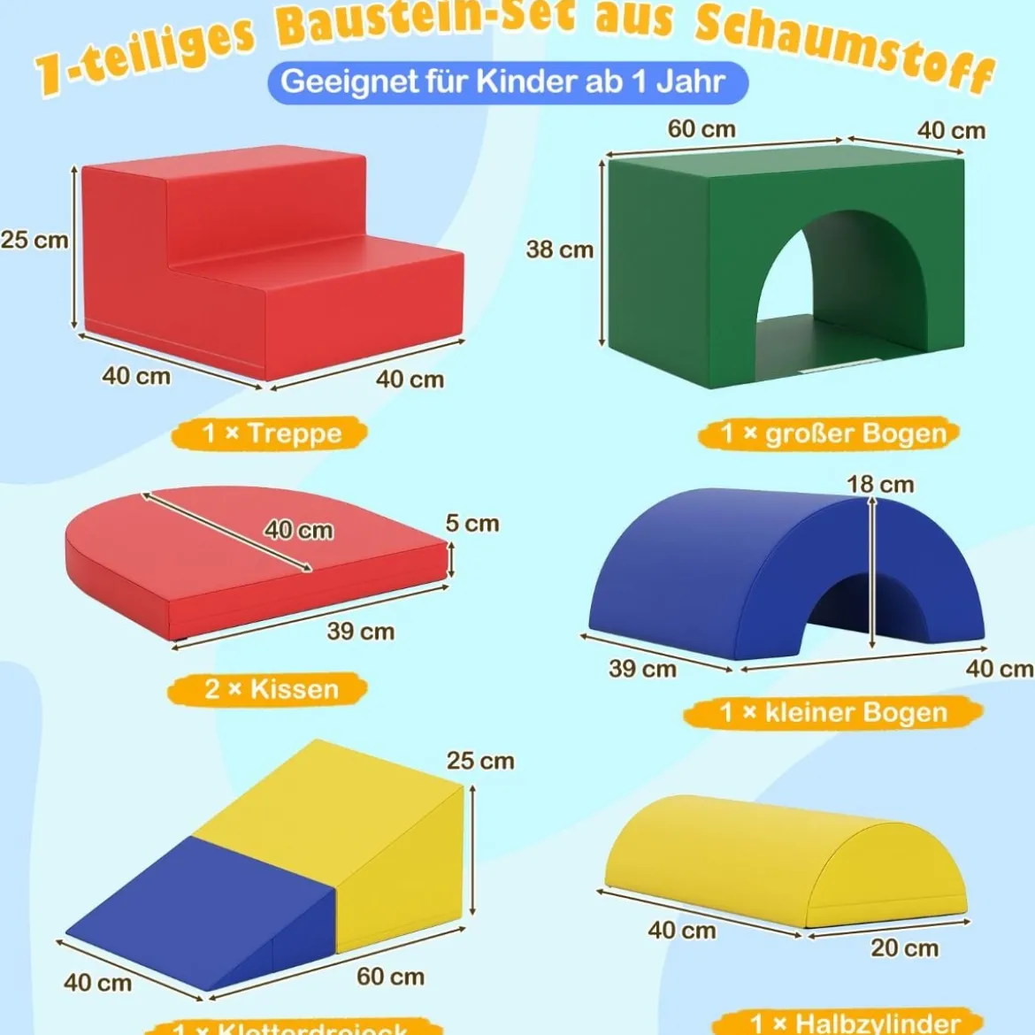 7 tlg. Kletterblock-Set aus Schaumstoff Weiches Spiel-Gym aus PU-Leder Kletterstruktur Bunt