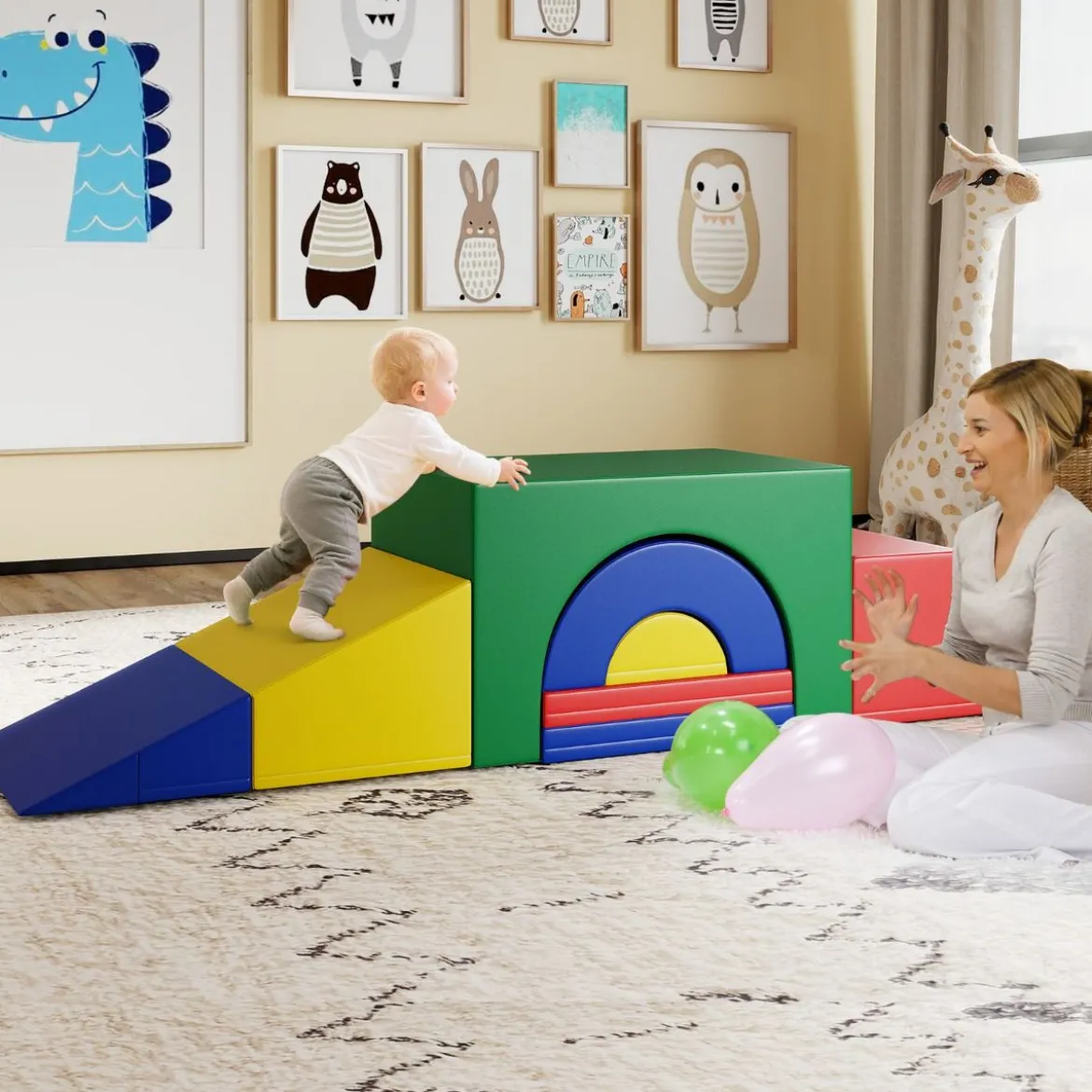 7 tlg. Kletterblock-Set aus Schaumstoff Weiches Spiel-Gym aus PU-Leder Kletterstruktur Bunt