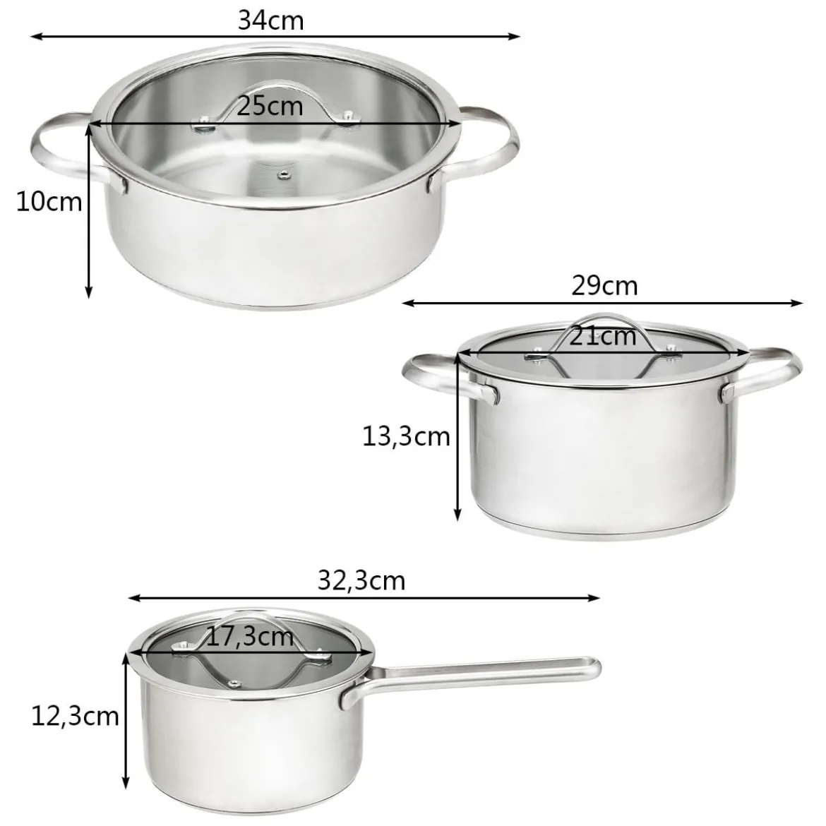 3 tlg Kochgeschirr Set Rostfrei Kochset Kochtöpfe mit Glasdeckel Edelstahl Silbrig