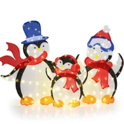 3 tlg. LED Pinguin Familie mit 160 Warmweißen LED-Lichtern & Schals Beleuchtete Weihnachtsdeko