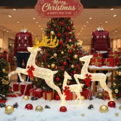 3 tlg. LED Rentier Familie mit 330 Warmweißen Lichtern & Schleifen XXL Beleuchtete Weihnachtsdeko