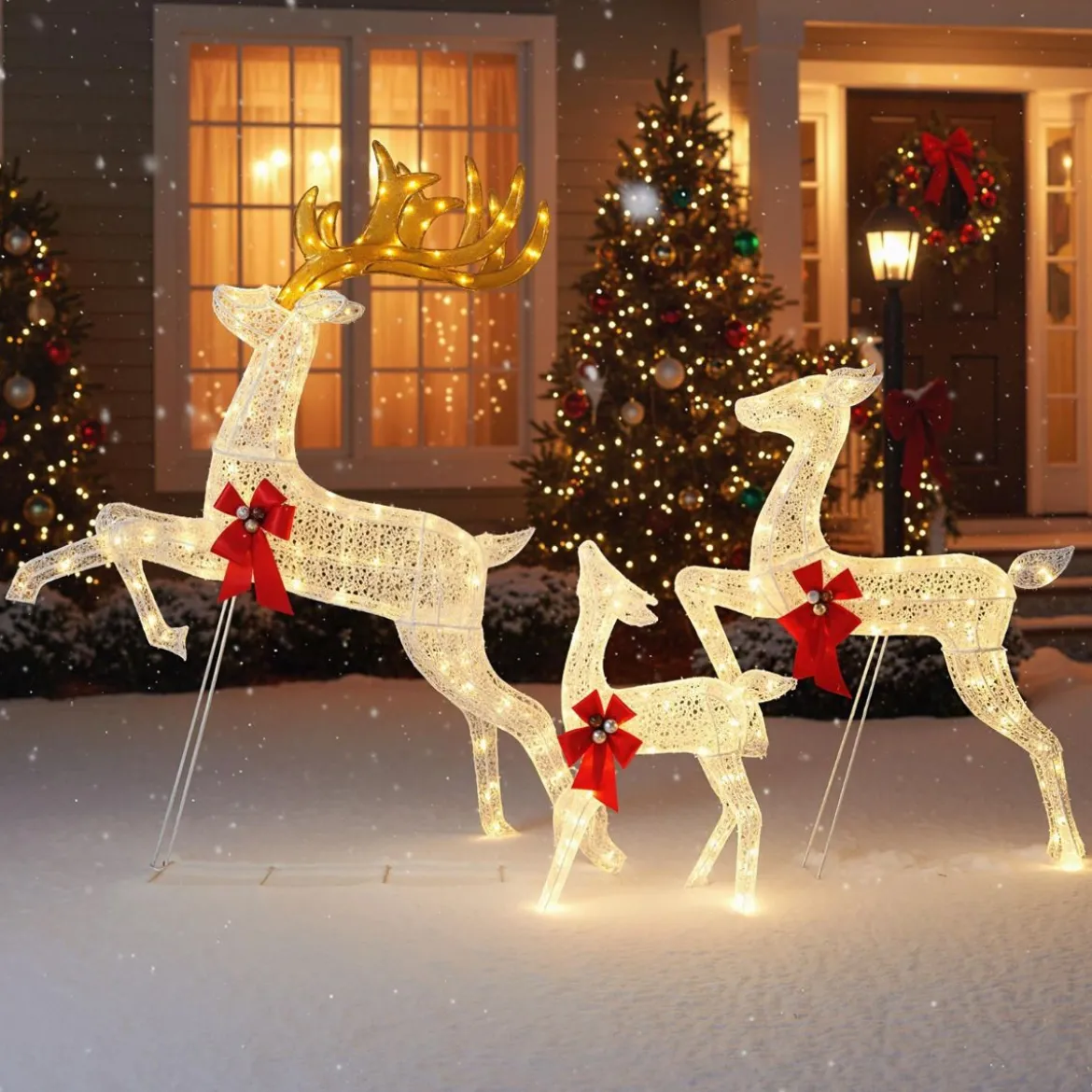 3 tlg. LED Rentier Familie mit 330 Warmweißen Lichtern & Schleifen XXL Beleuchtete Weihnachtsdeko