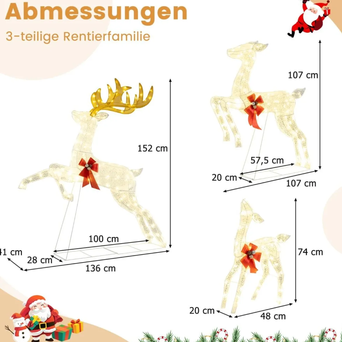 3 tlg. LED Rentier Familie mit 330 Warmweißen Lichtern & Schleifen XXL Beleuchtete Weihnachtsdeko