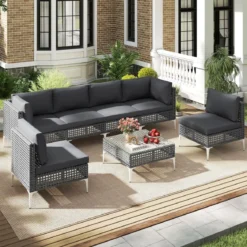 7-TLG Lounge Möbel Outdoor Rattan Gartenlounge mit Tisch und Kissen Sitzgruppe für Garten Terrasse Balkon