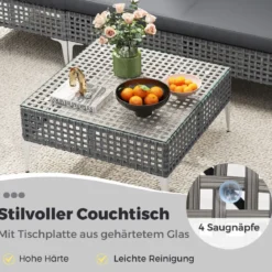 7-TLG Lounge Möbel Outdoor Rattan Gartenlounge mit Tisch und Kissen Sitzgruppe für Garten Terrasse Balkon