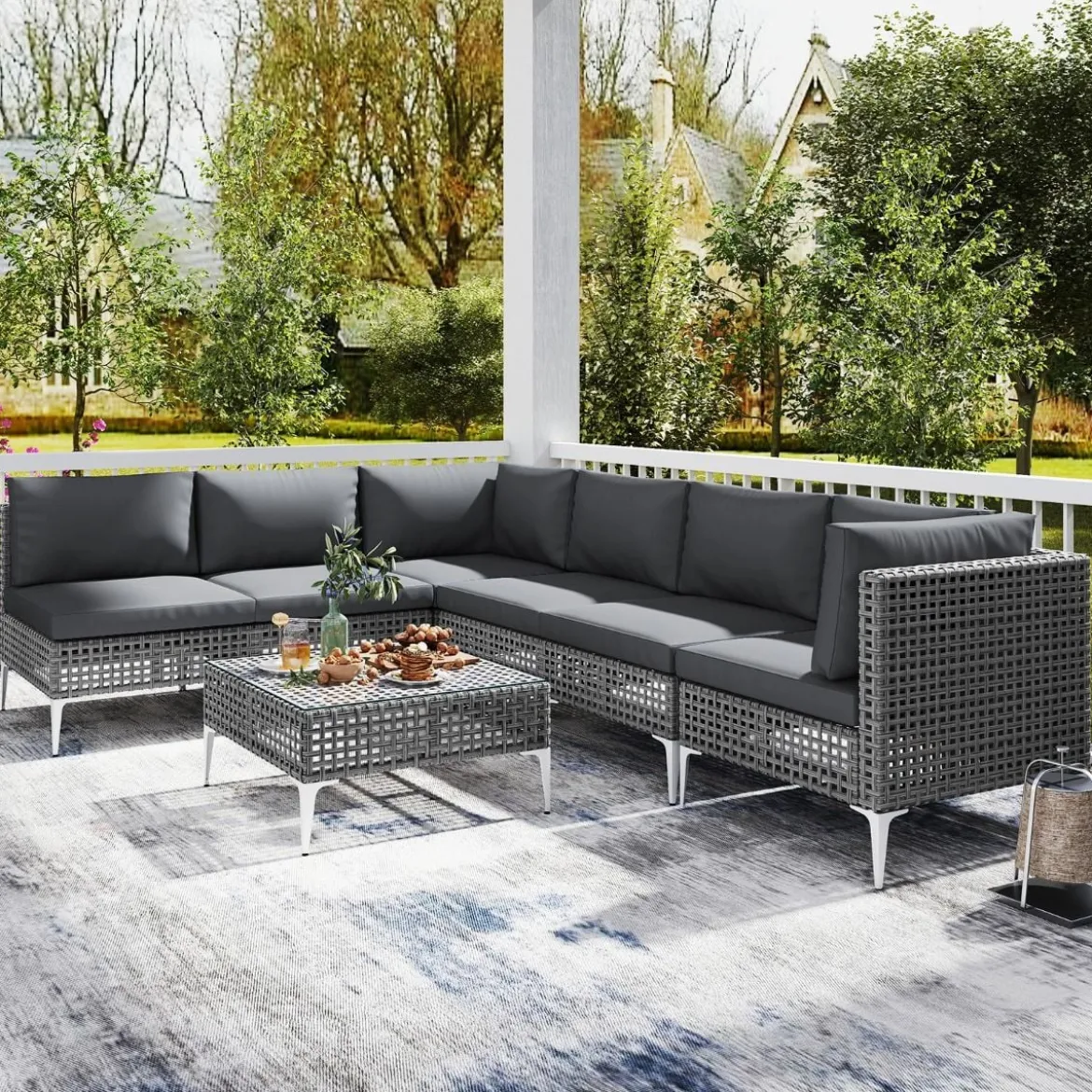 7-TLG Lounge Möbel Outdoor Rattan Gartenlounge mit Tisch und Kissen Sitzgruppe für Garten Terrasse Balkon