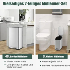 2 tlg. Mülleimer-Set 40L & 6L Setz-Abfalleimer-Kombination mitAufklapp- & Soft-Close-Deckel