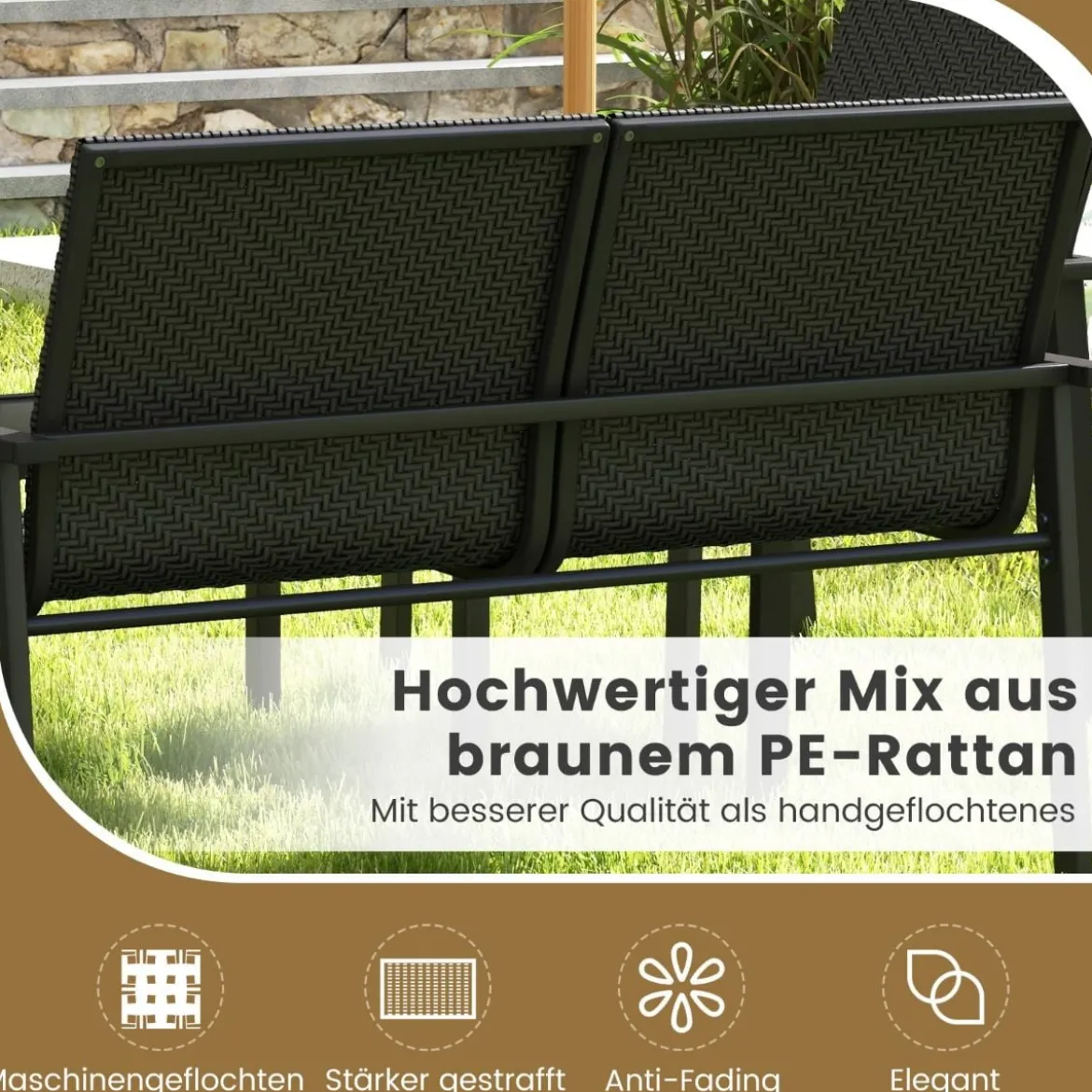 4tlg. Olyrattan Gartenmöbel Set inkl. 2 Stühlen & Bank & Tisch Terrassenmöbel Sitzgruppe Schwarz