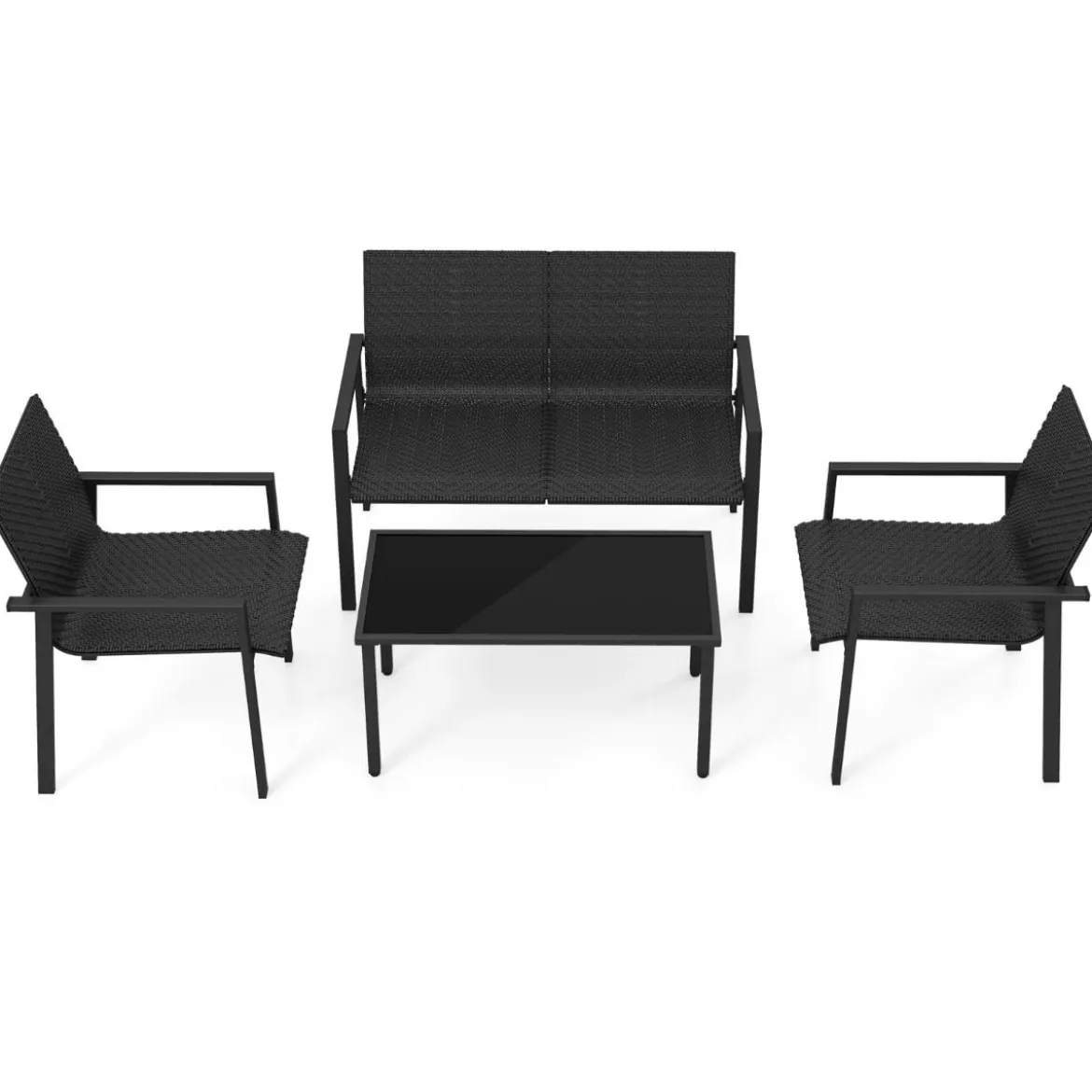 4tlg. Olyrattan Gartenmöbel Set inkl. 2 Stühlen & Bank & Tisch Terrassenmöbel Sitzgruppe Schwarz