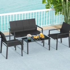 4tlg. Olyrattan Gartenmöbel Set inkl. 2 Stühlen & Bank & Tisch Terrassenmöbel Sitzgruppe Schwarz