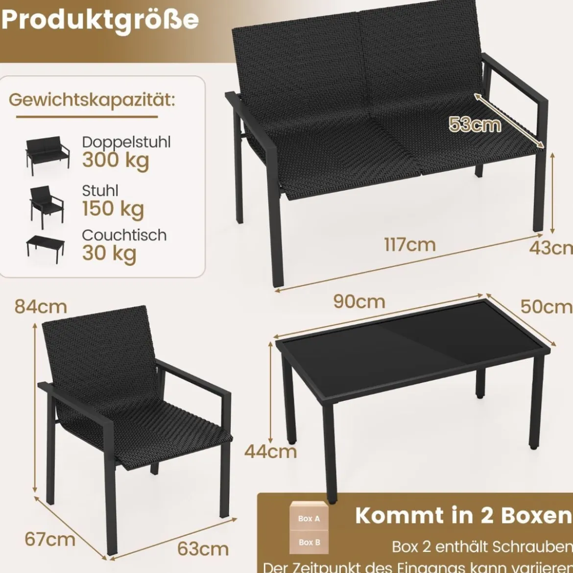 4tlg. Olyrattan Gartenmöbel Set inkl. 2 Stühlen & Bank & Tisch Terrassenmöbel Sitzgruppe Schwarz