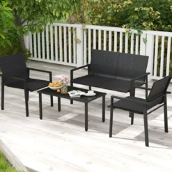 4tlg. Olyrattan Gartenmöbel Set inkl. 2 Stühlen & Bank & Tisch Terrassenmöbel Sitzgruppe Schwarz