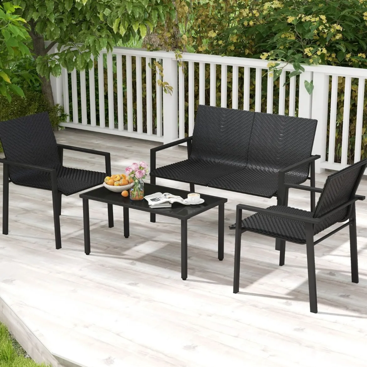 4tlg. Olyrattan Gartenmöbel Set inkl. 2 Stühlen & Bank & Tisch Terrassenmöbel Sitzgruppe Schwarz