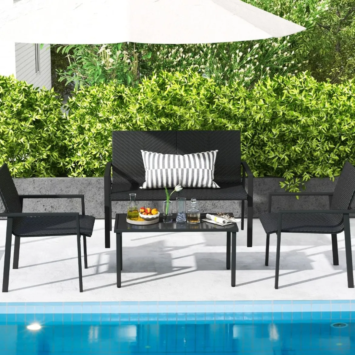 4tlg. Olyrattan Gartenmöbel Set inkl. 2 Stühlen & Bank & Tisch Terrassenmöbel Sitzgruppe Schwarz