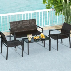 4tlg. Olyrattan Gartenmöbel Set inkl. 2 Stühlen & Bank & Tisch Terrassenmöbel Sitzgruppe Braun
