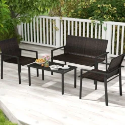 4tlg. Olyrattan Gartenmöbel Set inkl. 2 Stühlen & Bank & Tisch Terrassenmöbel Sitzgruppe Braun