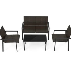 4tlg. Olyrattan Gartenmöbel Set inkl. 2 Stühlen & Bank & Tisch Terrassenmöbel Sitzgruppe Braun