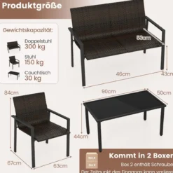 4tlg. Olyrattan Gartenmöbel Set inkl. 2 Stühlen & Bank & Tisch Terrassenmöbel Sitzgruppe Braun