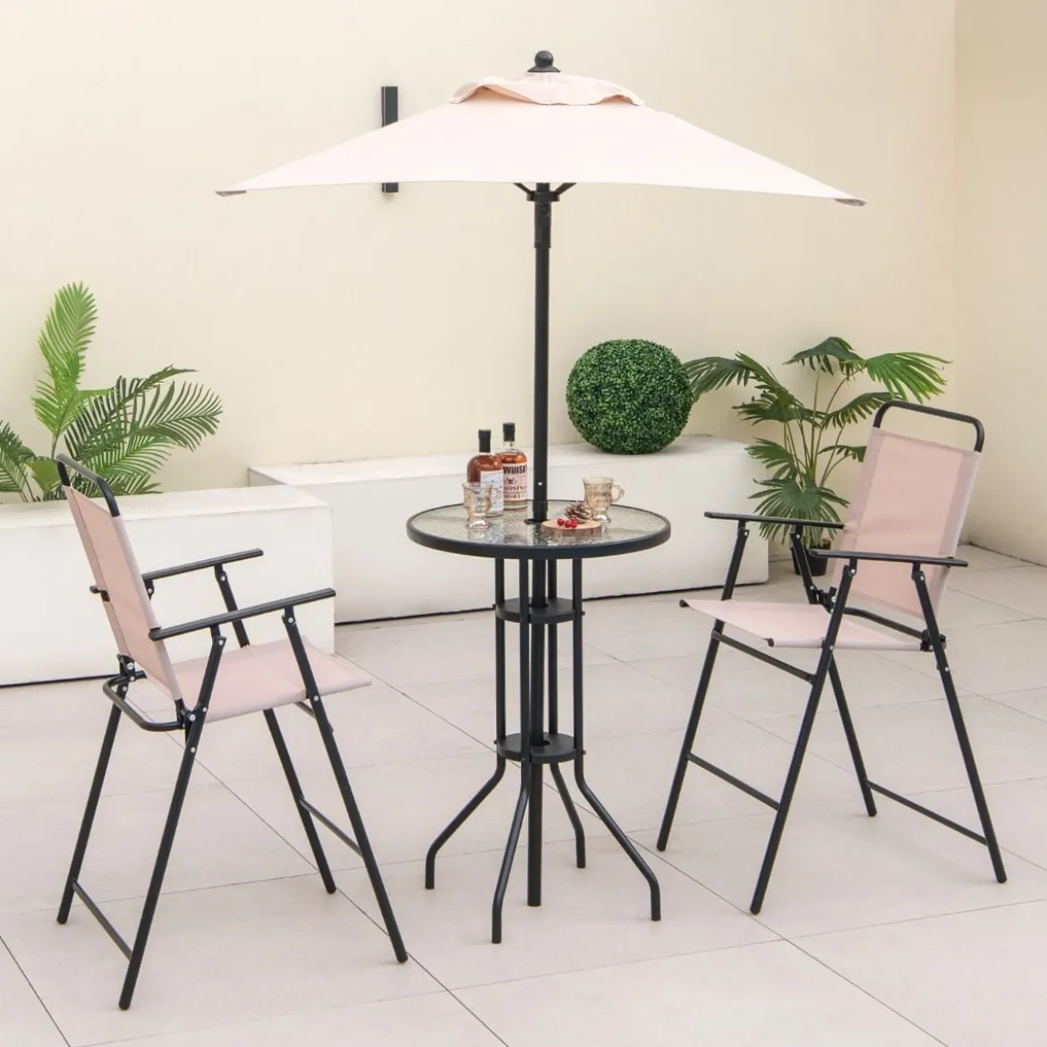 4 tlg. Outdoor Bar-Set Runder Bartisch mit 2 Klappbaren Barhockern & Sonnenschirm Beige
